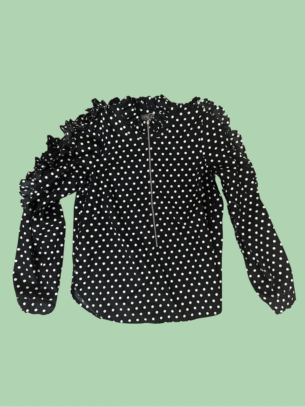GREYSON Black White Polka Dot Ruffle Sleeve Blouse SIZE SMALL Zip Front 2 4